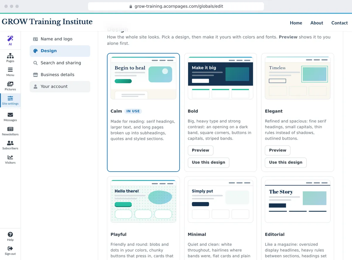 Site settings: the designs to choose from