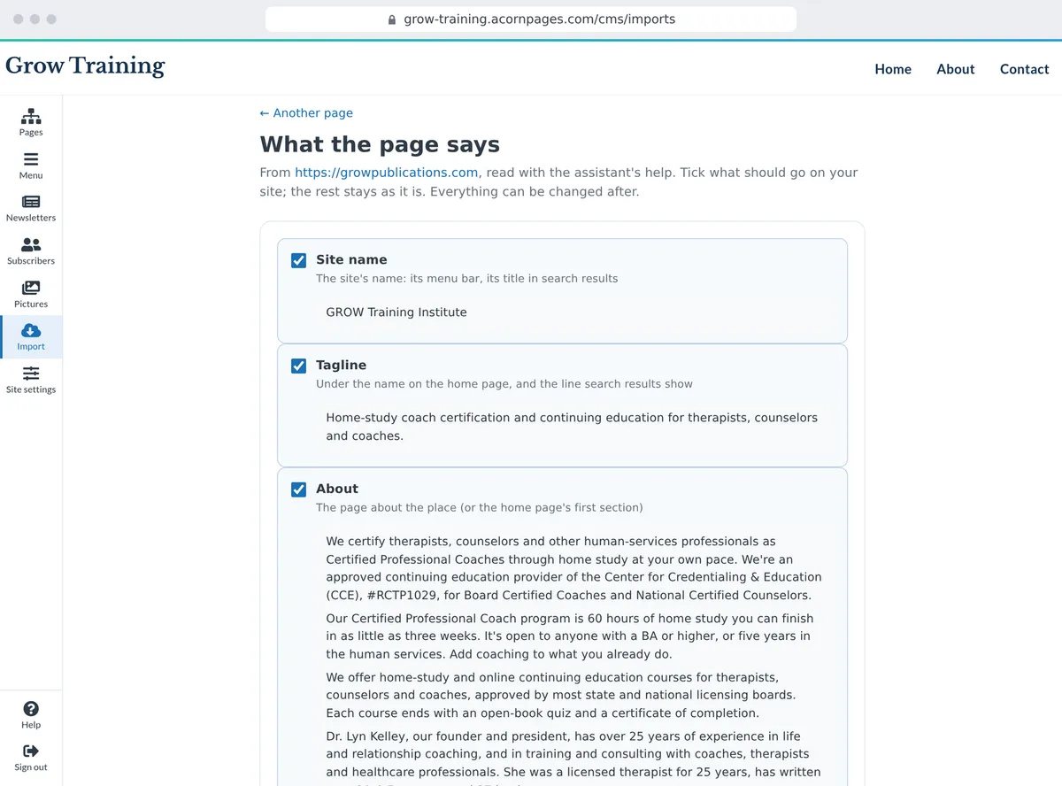 The import: what was found on the owner's old site, part by part, with a tick each