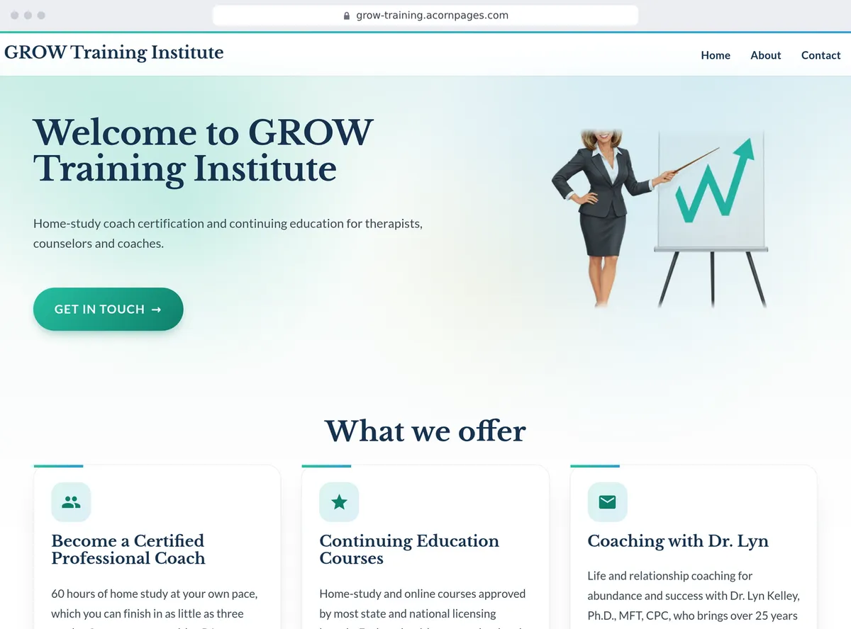A coaching site made with Acorn Pages, written by AI from the owner's old site