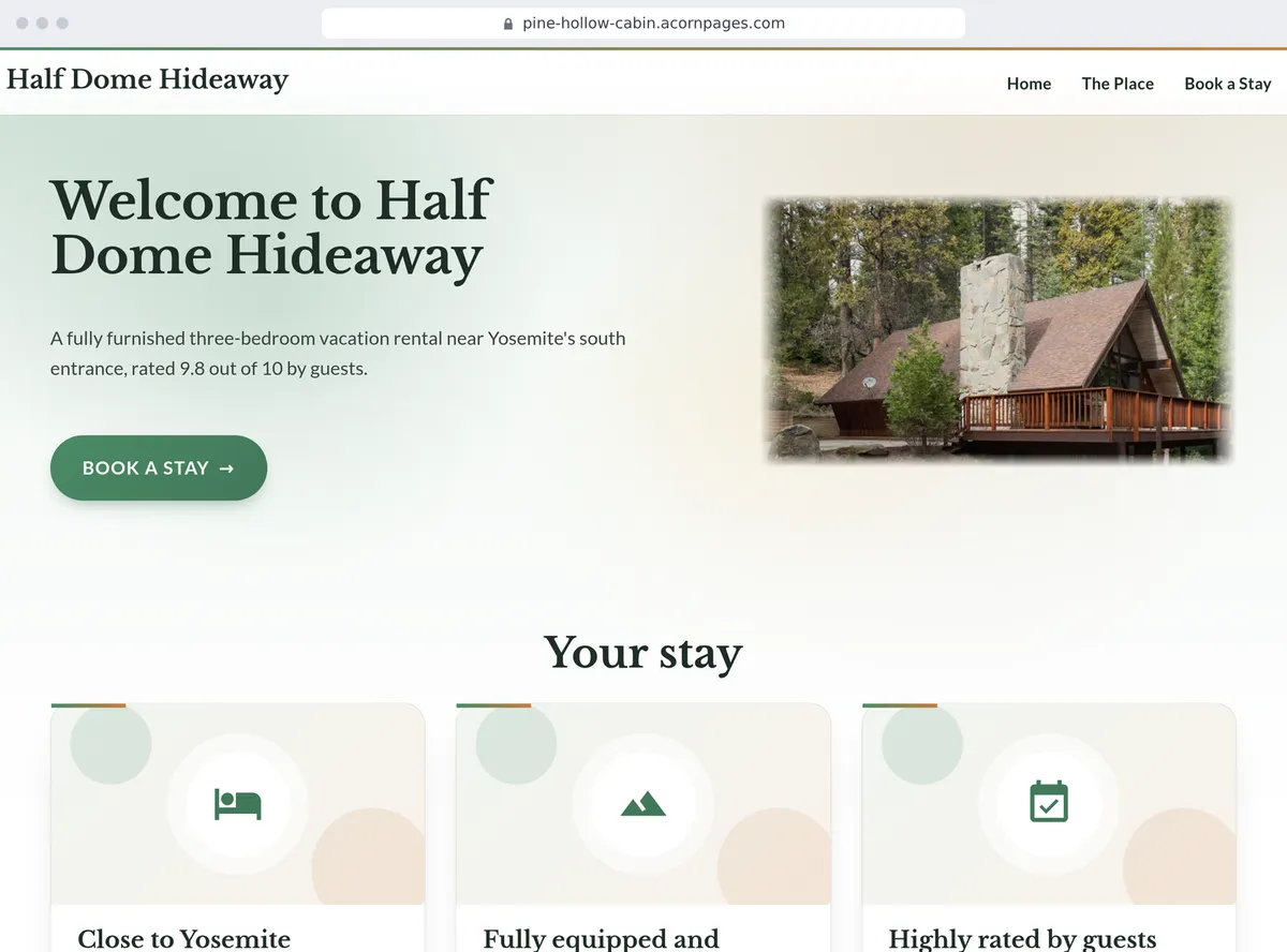 A vacation rental's site made with Acorn Pages: the place, its photos and a calendar to book from