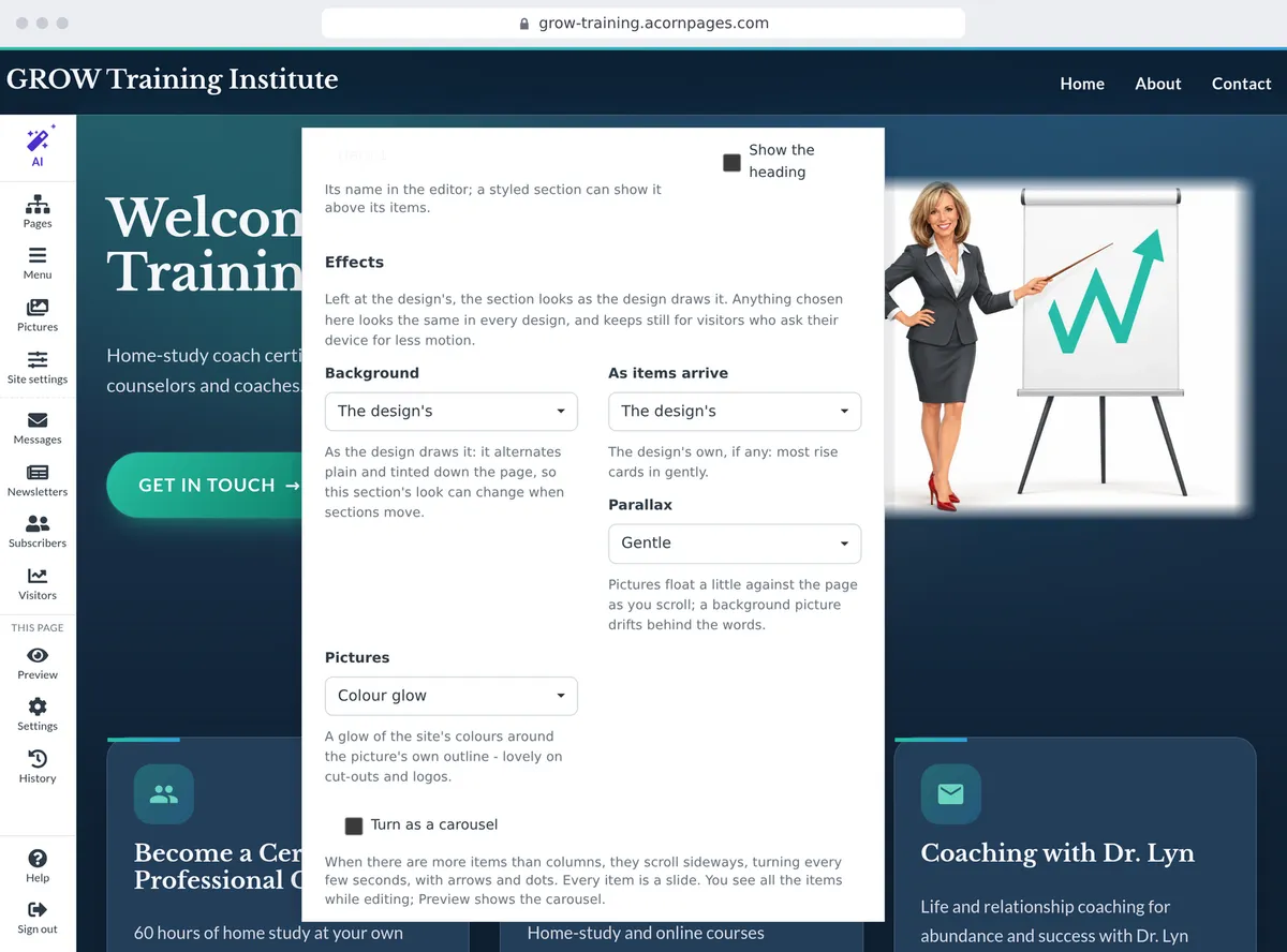 A section's layout and style, chosen in the editor