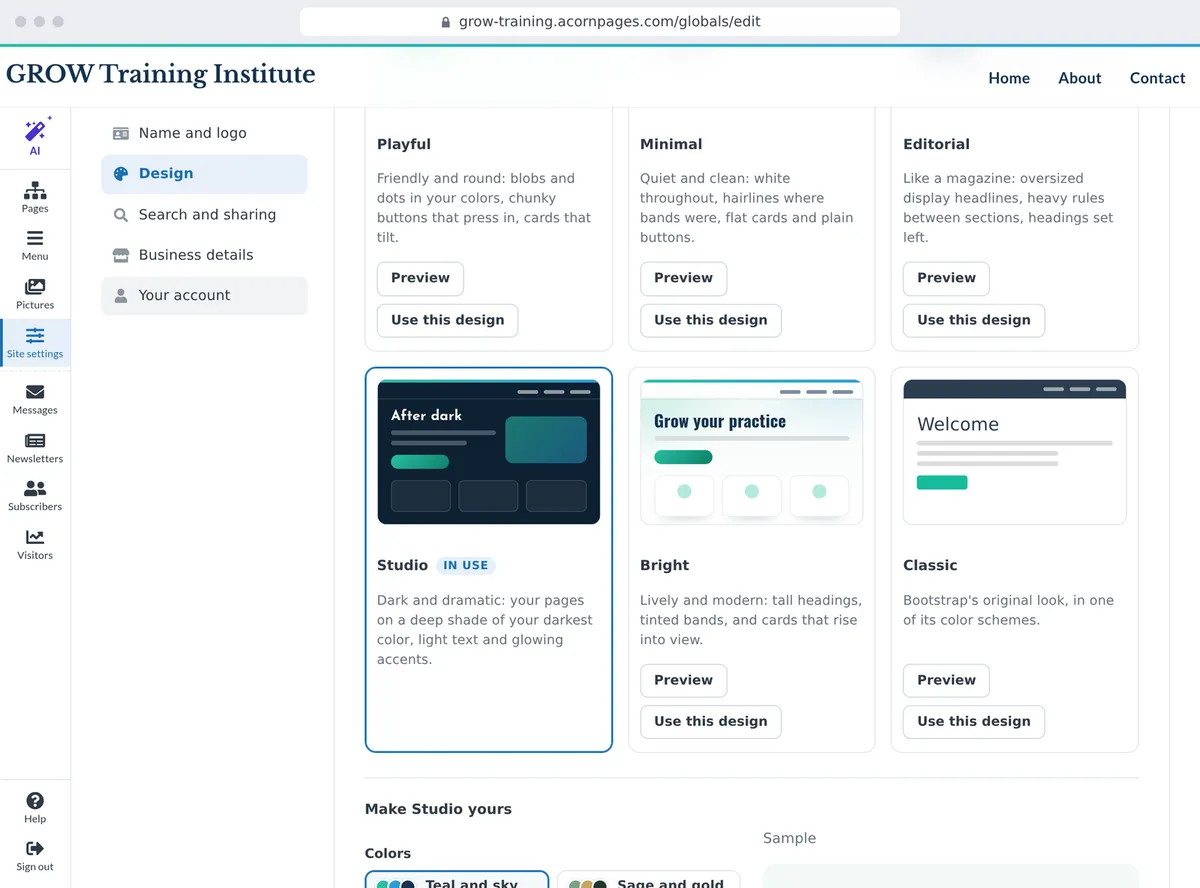 Site settings: the designs to choose from