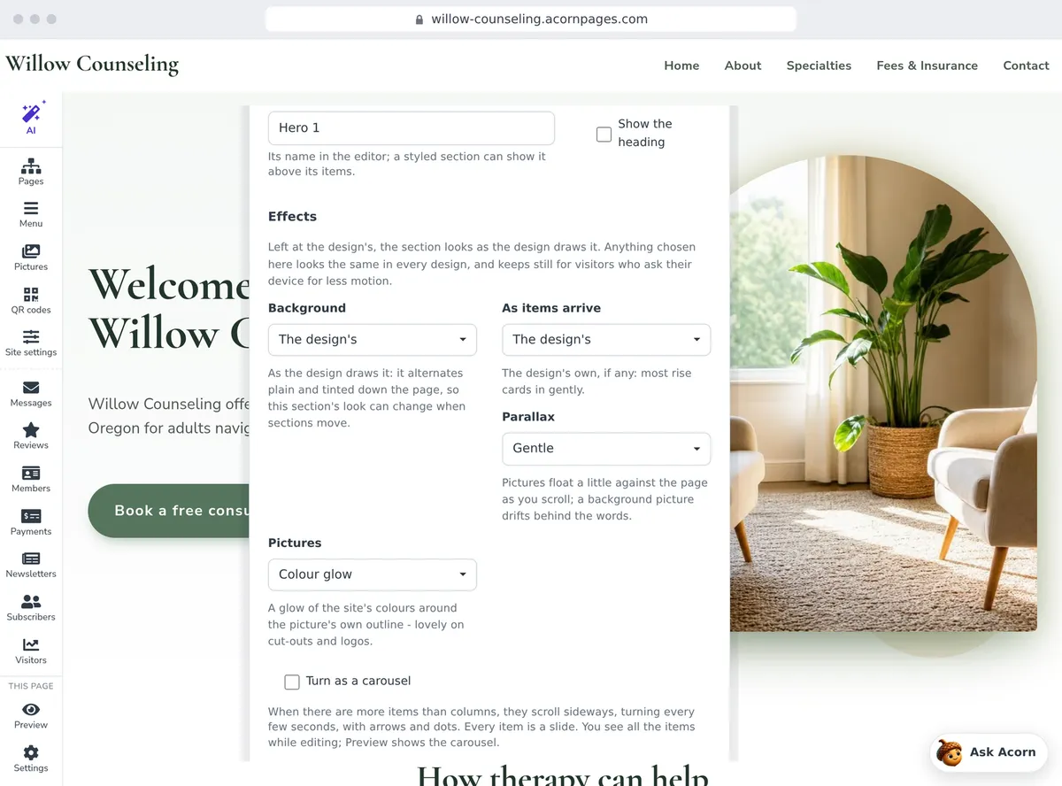 A section's layout and style, chosen in the editor
