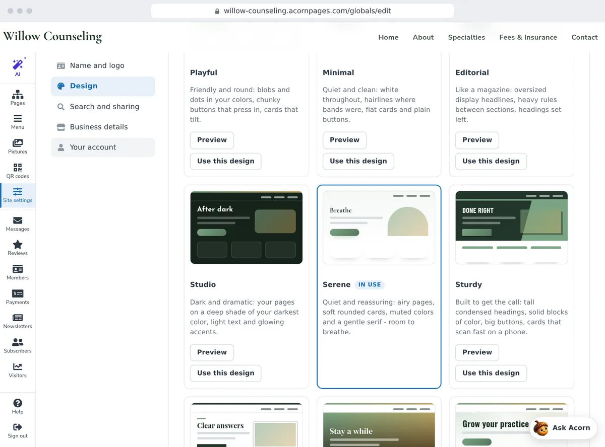 Site settings: the designs to choose from