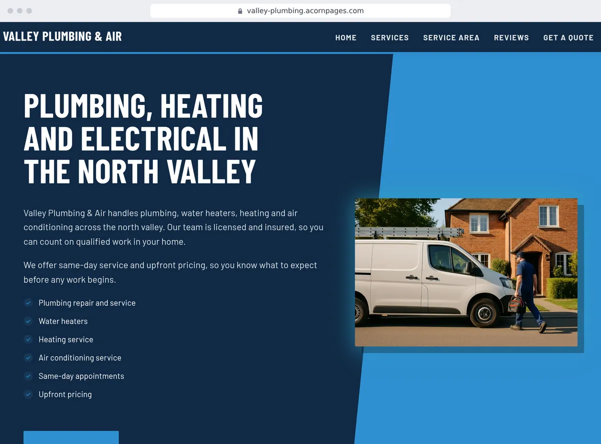 A plumbing and heating company's site made with Acorn Pages, written by AI from one sentence