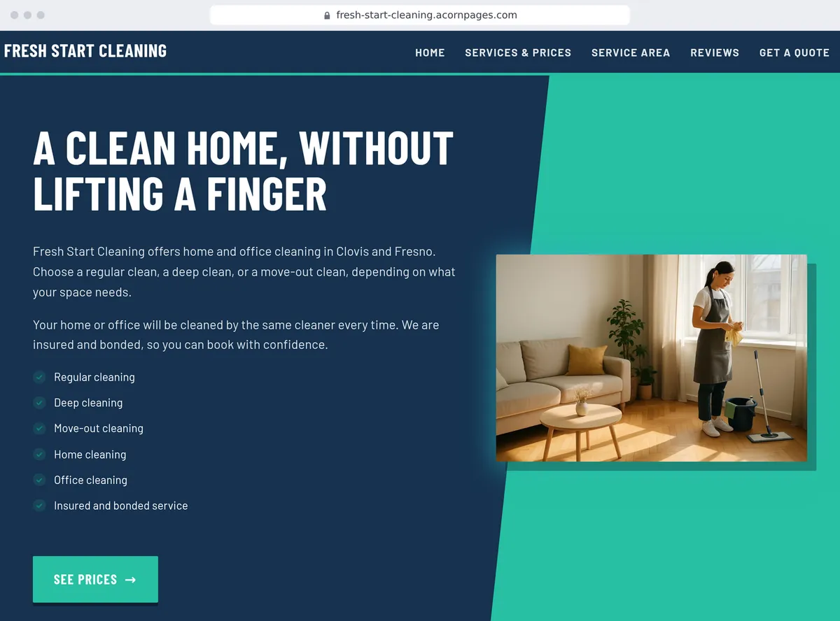 A cleaning company's site made with Acorn Pages, written by AI from one sentence