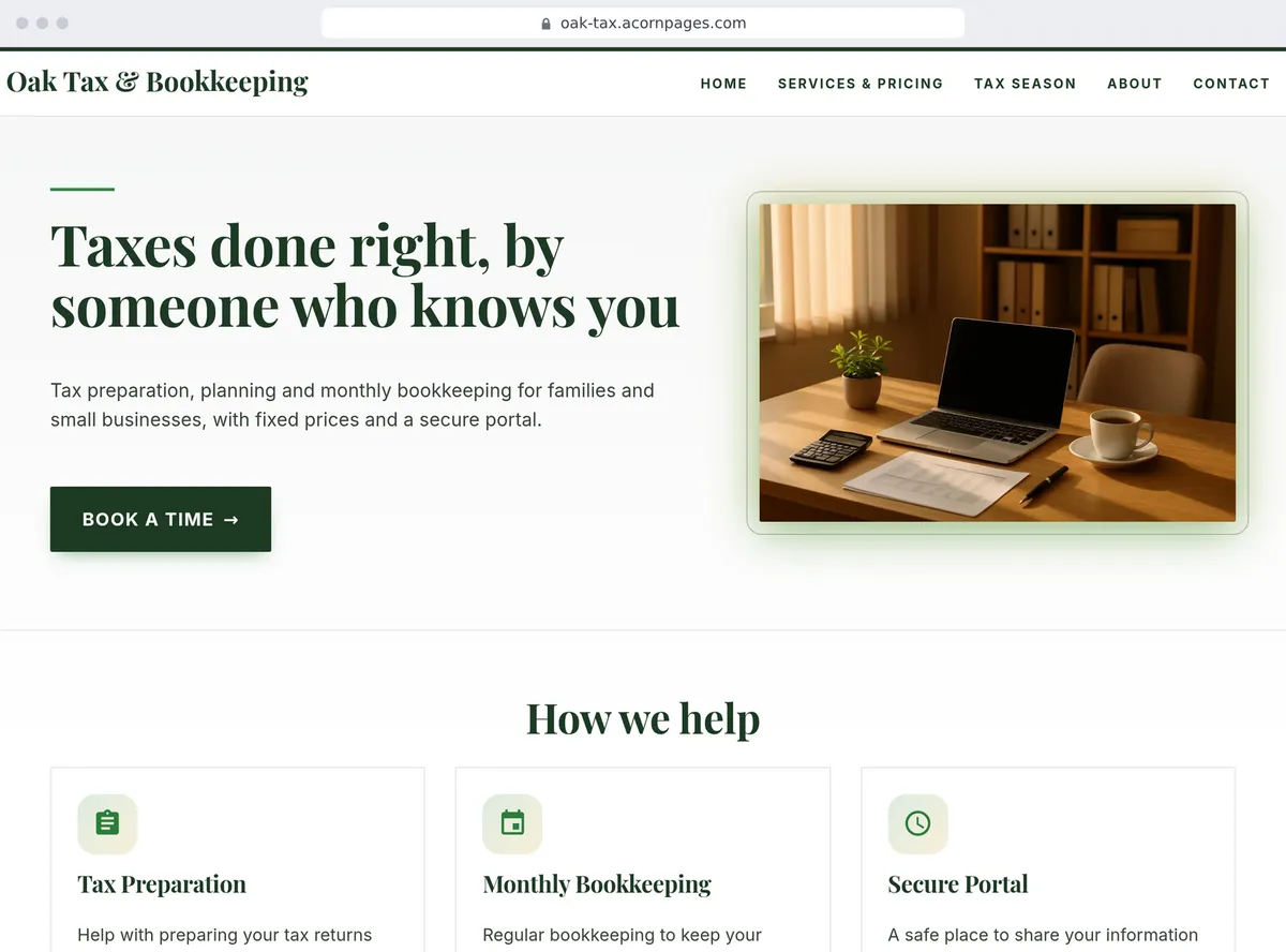 A tax and bookkeeping practice's site made with Acorn Pages, written by AI from one sentence