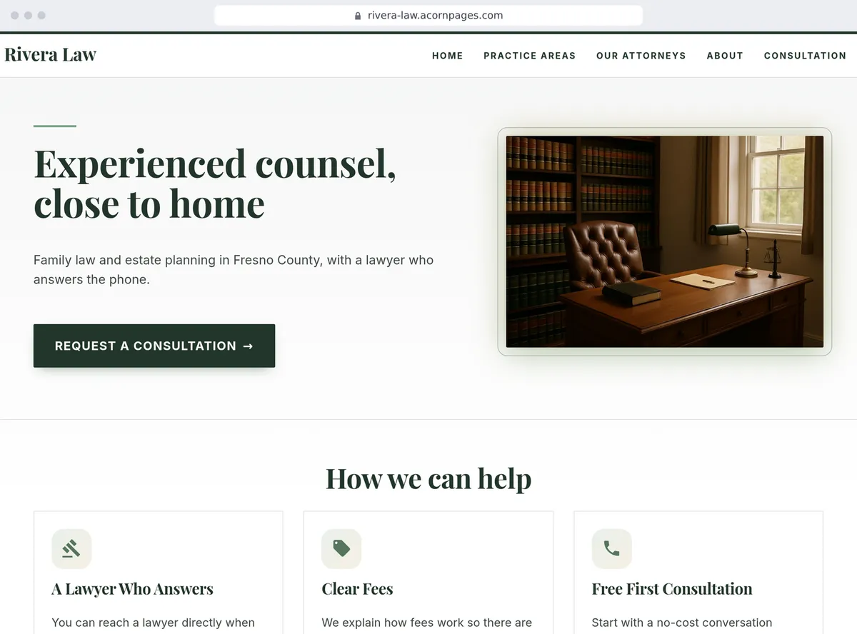 A law firm's site made with Acorn Pages, written by AI from one sentence
