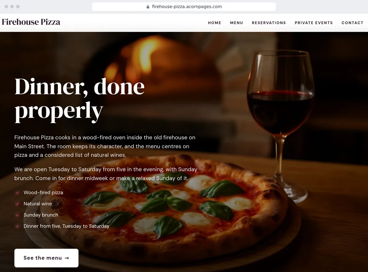 A restaurant's site made with Acorn Pages, written by AI from one sentence