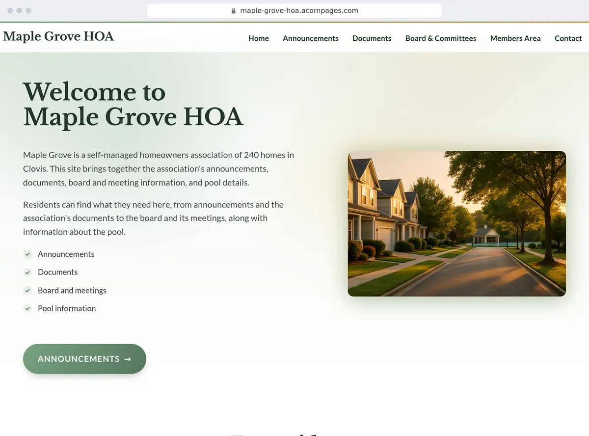 A homeowners association's site made with Acorn Pages, written by AI from one sentence