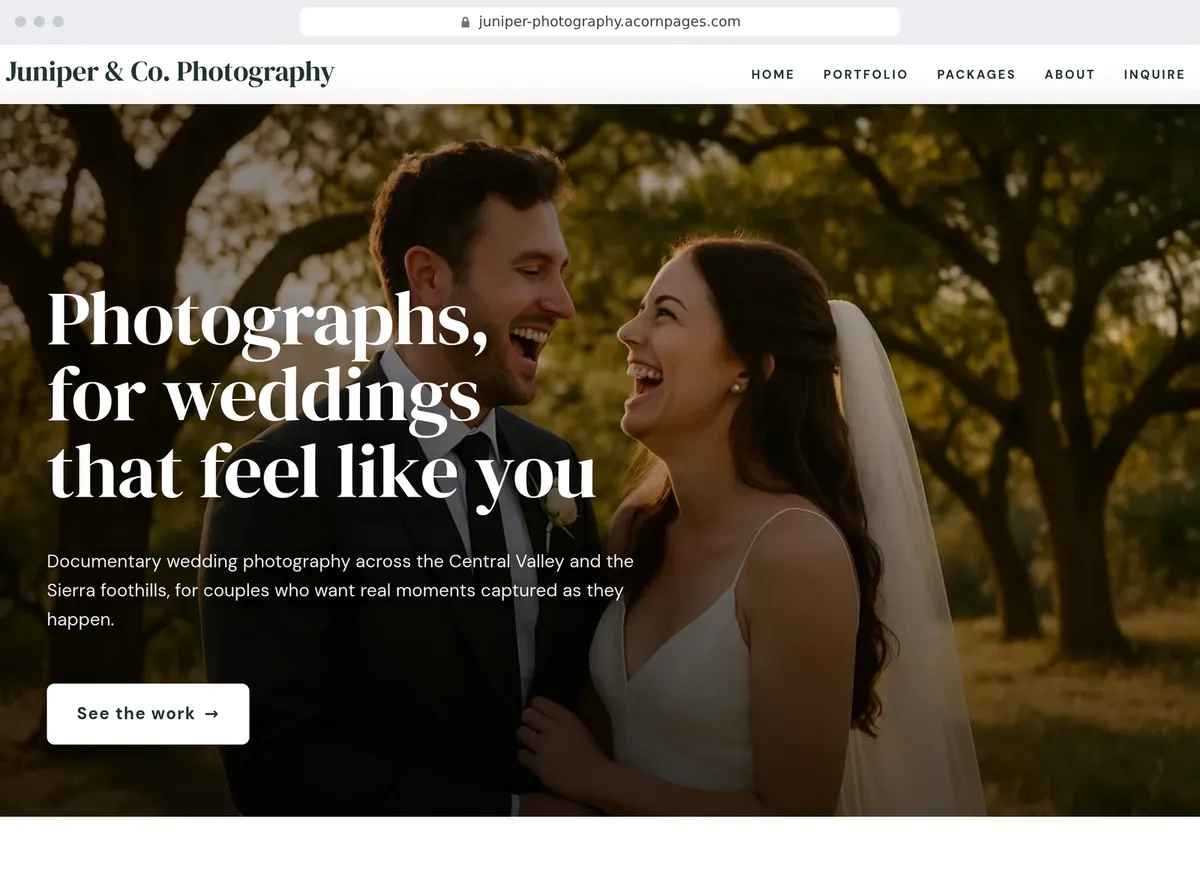 A wedding photographer's site made with Acorn Pages, written by AI from one sentence