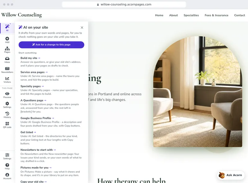 The editor's AI button, open: what AI can start, where it waits as you edit, and what it does on its own