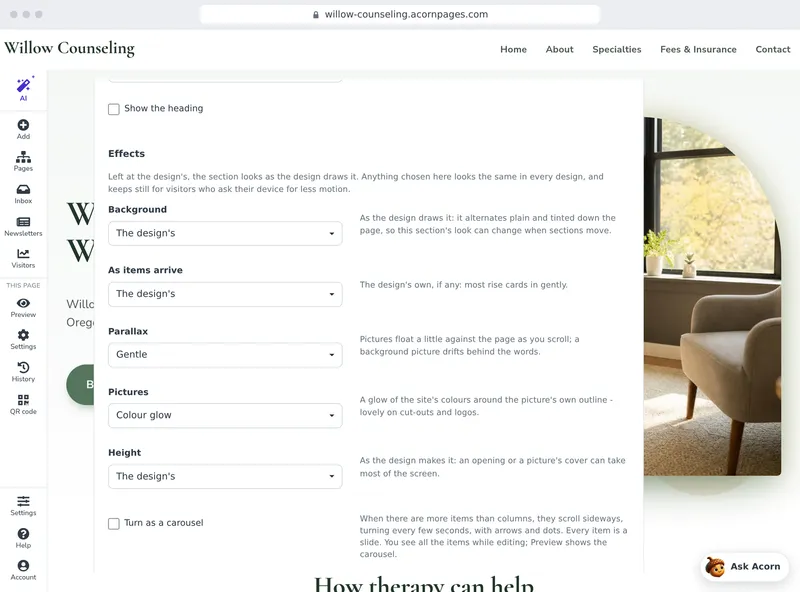 A section's layout and style, chosen in the editor